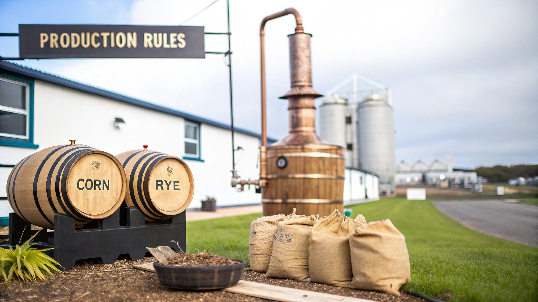 Barrels of corn and rye stand near a 'Production Rules' sign at a whiskey distillery, with a copper still and silos in the background.