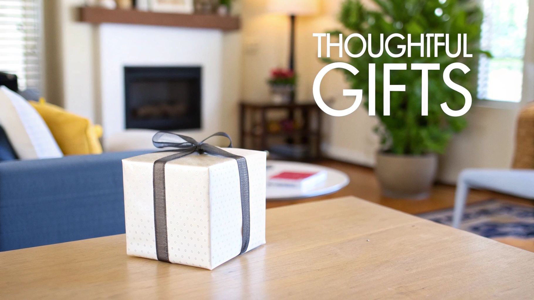 A beautifully wrapped white gift box with a dark ribbon on a wooden table in a cozy living room, with text 'THOUGHTFUL GIFTS'.