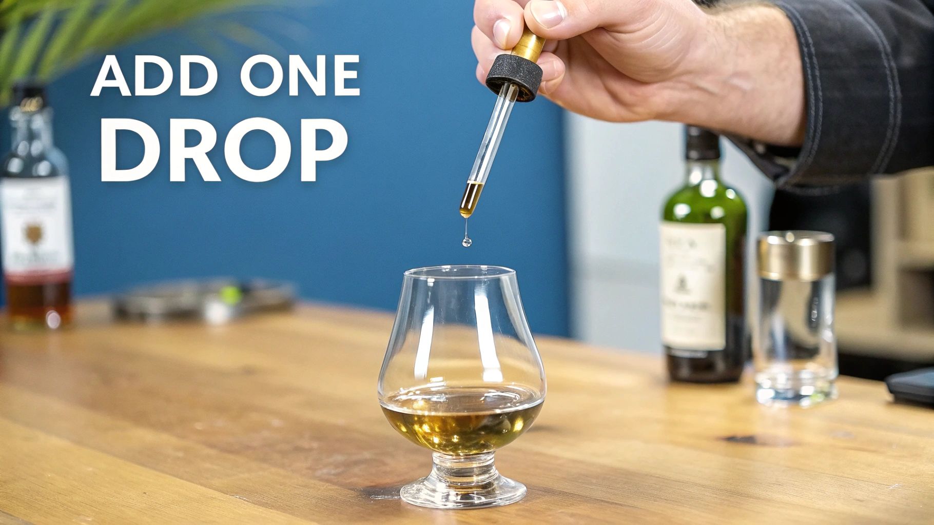 A glass of bourbon with a dropper adding a drop of water.