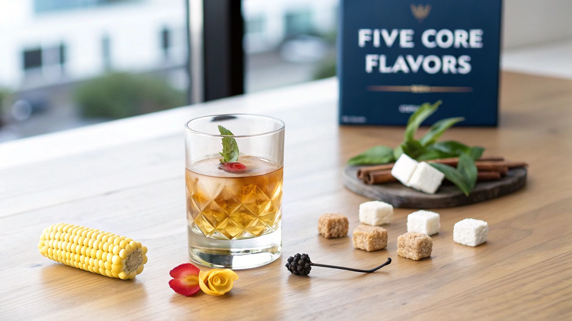 A bourbon flavor wheel graphic showing the main flavor categories like grain, fruit, and sweet aromatics, set against a dark background.