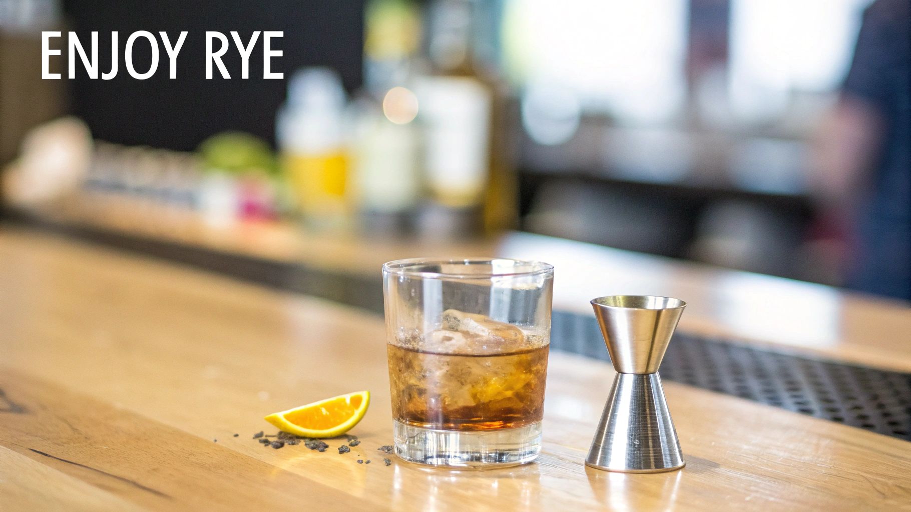 A glass of rye whiskey on ice with an orange slice and jigger on a wooden bar.