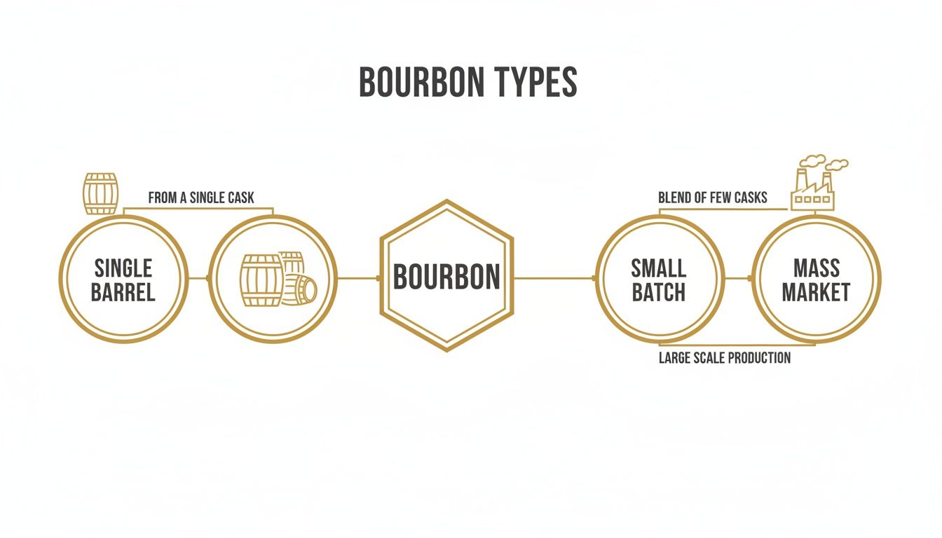 Flowchart detailing bourbon types: Single Barrel, Small Batch, and Mass Market, distinguished by cask origin and production scale.