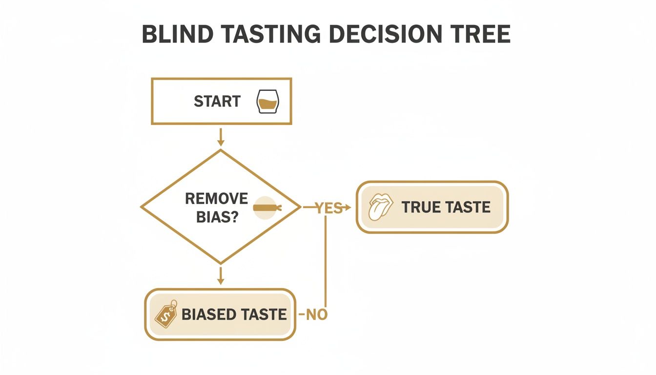 A blind tasting decision tree flowchart illustrating the steps to achieve true taste by removing bias.