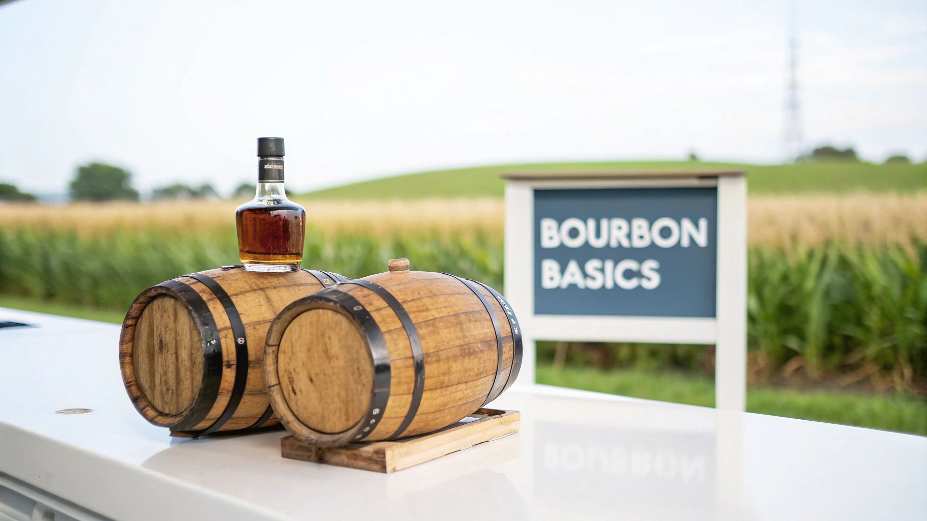 A bourbon bottle sits atop two oak barrels with a 'Bourbon Basics' sign in a field.
