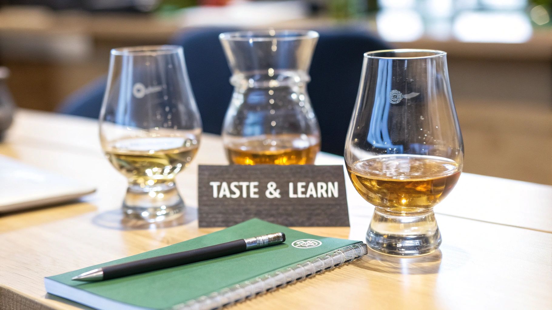 Three whisky glasses on a wooden table, with a "TASTE & LEARN" sign, notebook, and pen.