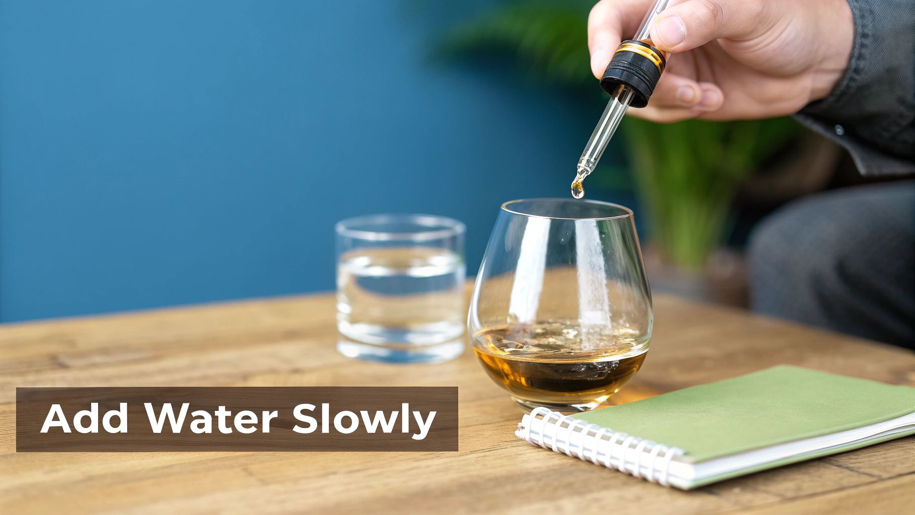 A hand uses a dropper to add a single drop of water to a glass of whiskey on a wooden table.