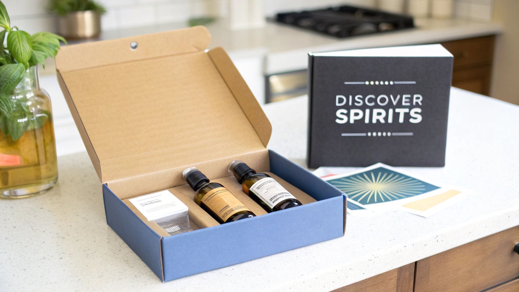 Discover Spirits subscription box containing liquor bottles and information cards on kitchen counter