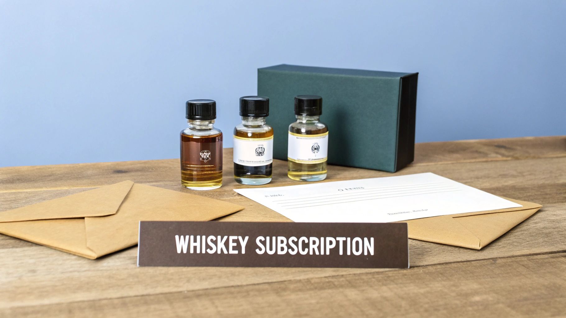 A blind tasting whiskey subscription kit displayed with four samples and tasting notes.