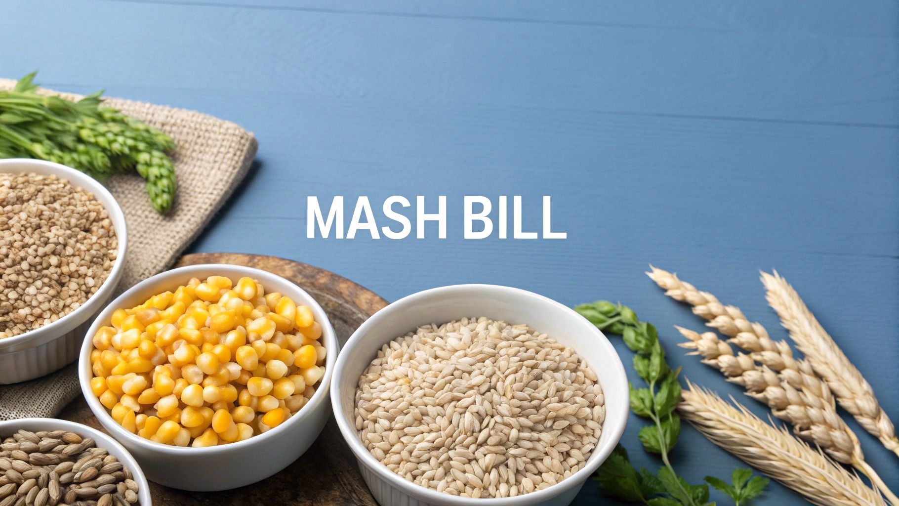 A close-up of different grains like corn, rye, and barley in wooden bowls, representing a whiskey mash bill