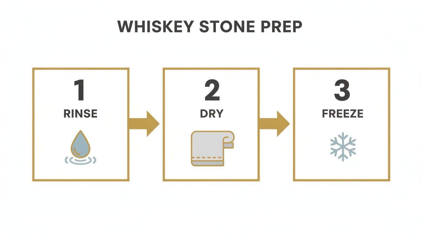 A three-step guide for whiskey stone preparation, including rinse, dry, and freeze.