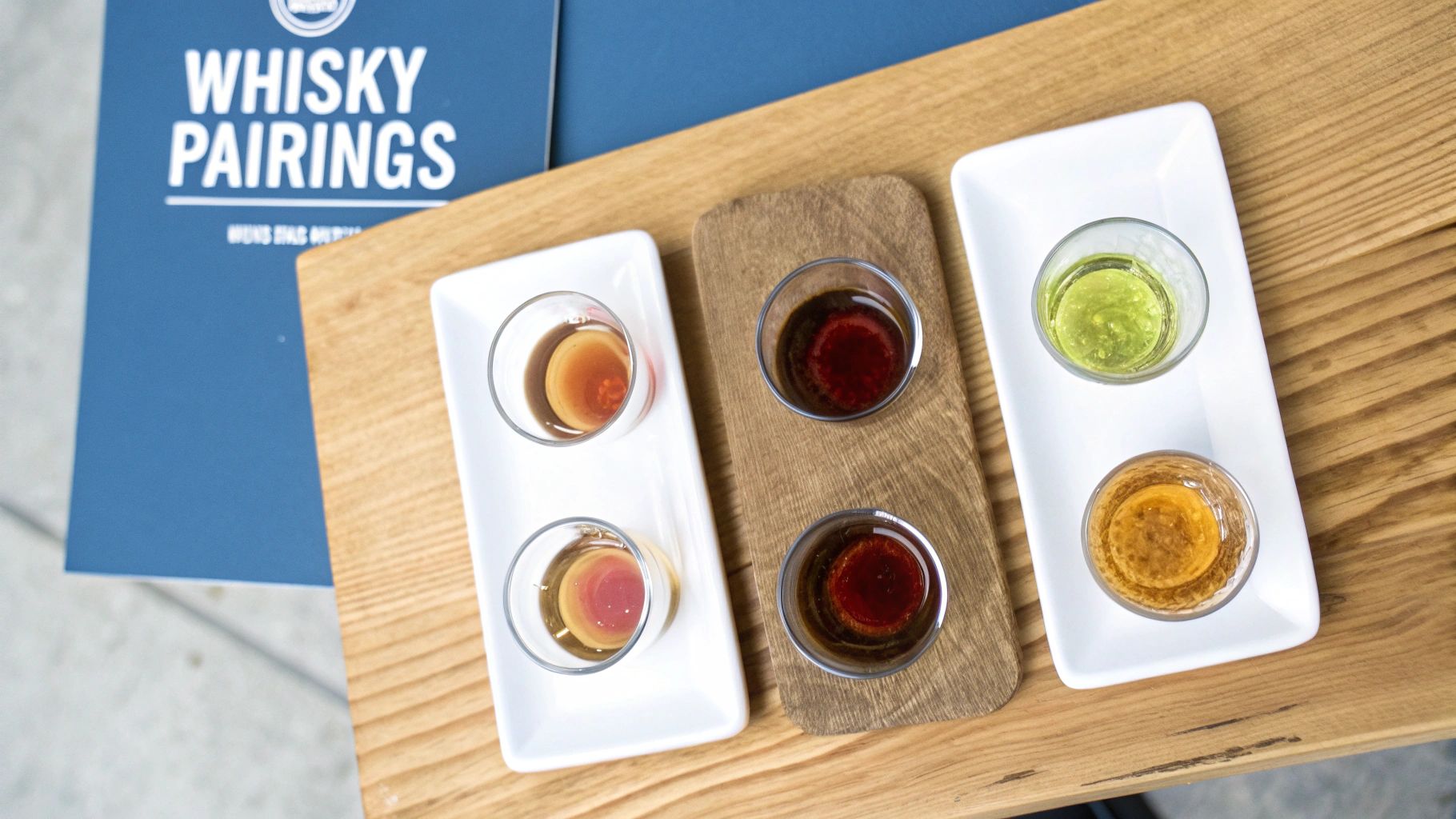 Overhead view of a whisky tasting with various liquid pairings on wooden and white trays.