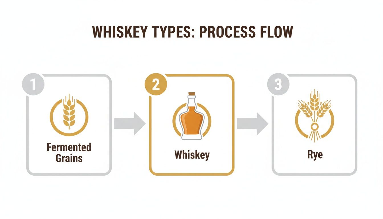 Diagram illustrating whiskey production process, from fermented grains to whiskey, highlighting rye as a type.