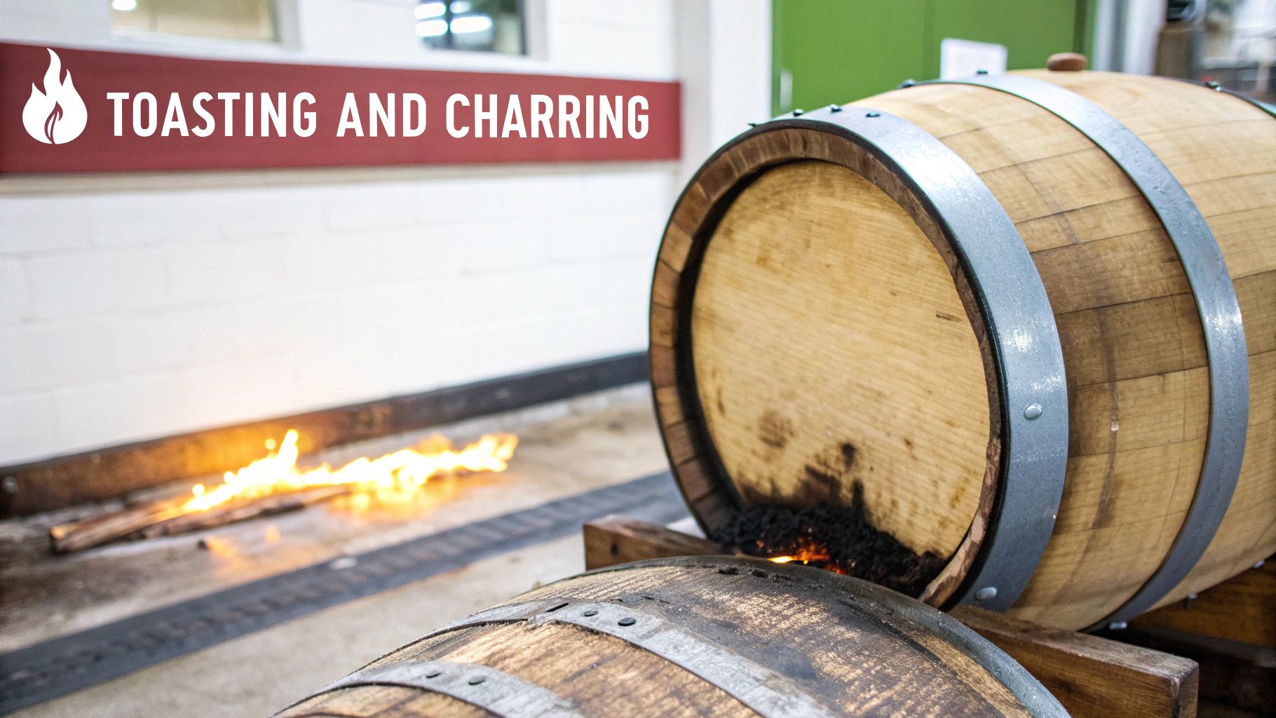 Close-up of two oak barrels being toasted and charred with open flames for whiskey or bourbon aging.