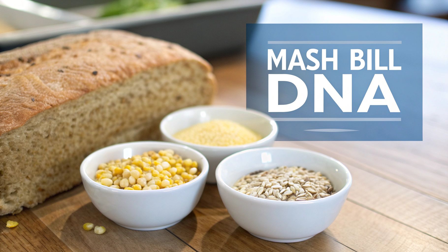A loaf of rustic bread with three bowls of various grains and flour, featuring 'MASH BILL DNA' text overlay.