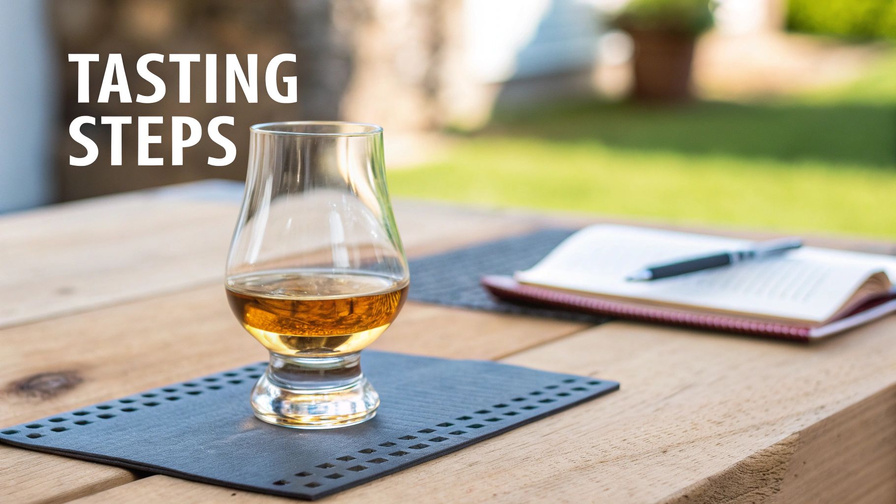 A glencairn glass of amber liquid on a wooden table with 'TASTING STEPS' text. A notebook and pen are nearby in an outdoor setting.