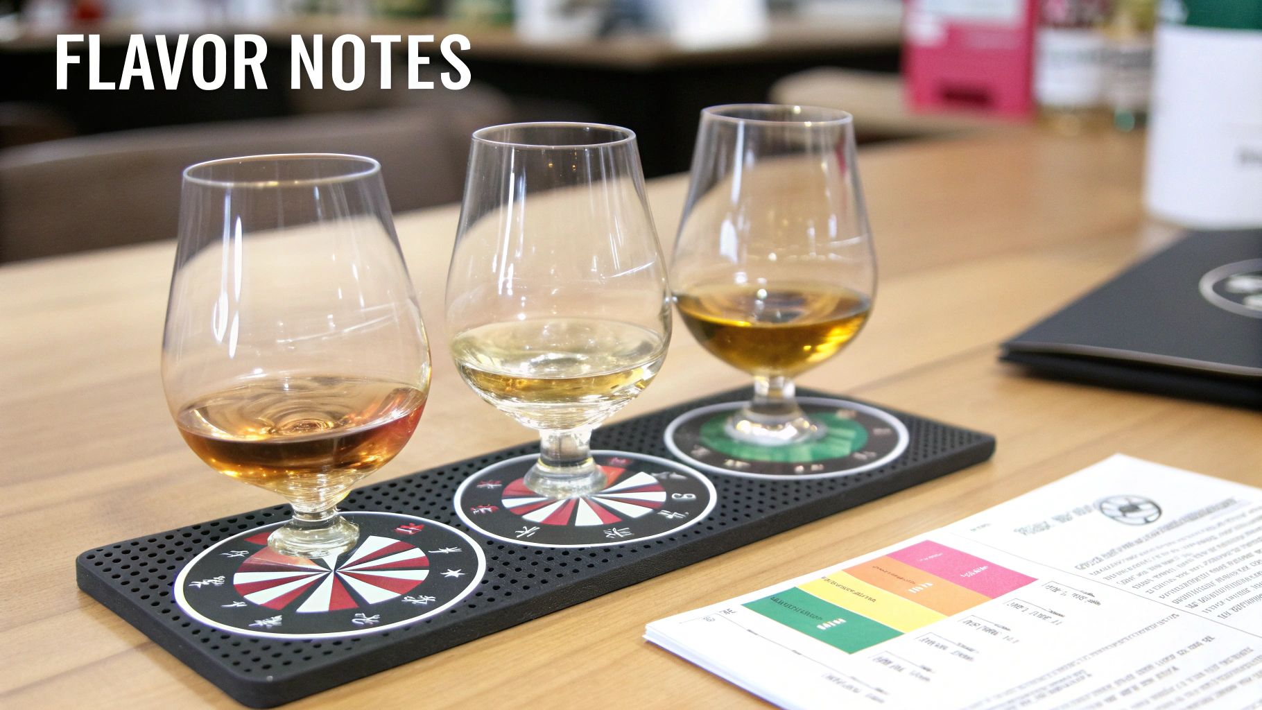 Three glasses of whiskey or spirits on a tasting mat with flavor notes document.