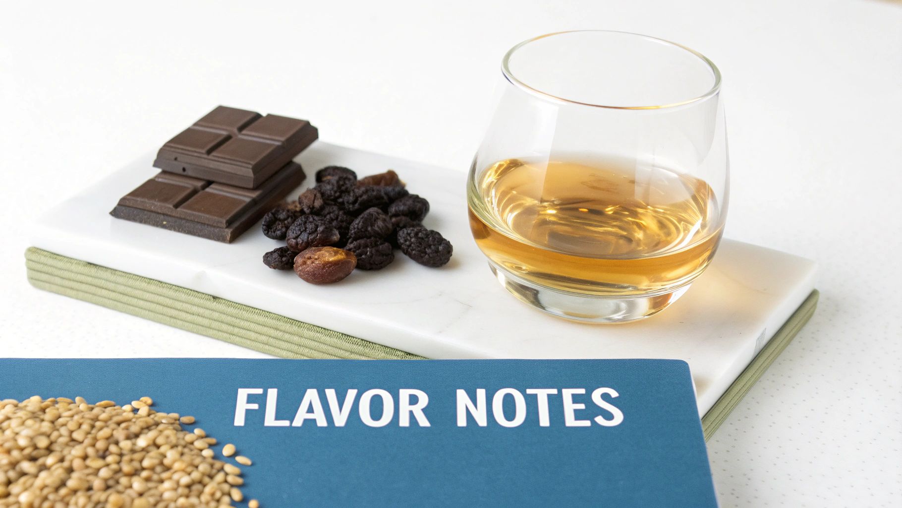 A glass of amber whiskey, dark chocolate, dried fruit, and grains near a 'FLAVOR NOTES' book.