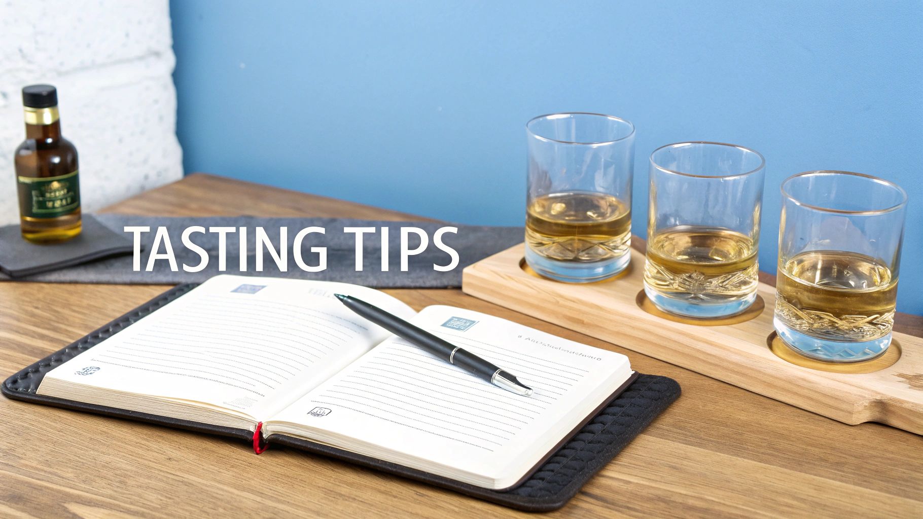 A whiskey tasting setup with three glasses, a bottle, an open notebook, and a pen on a wooden table.