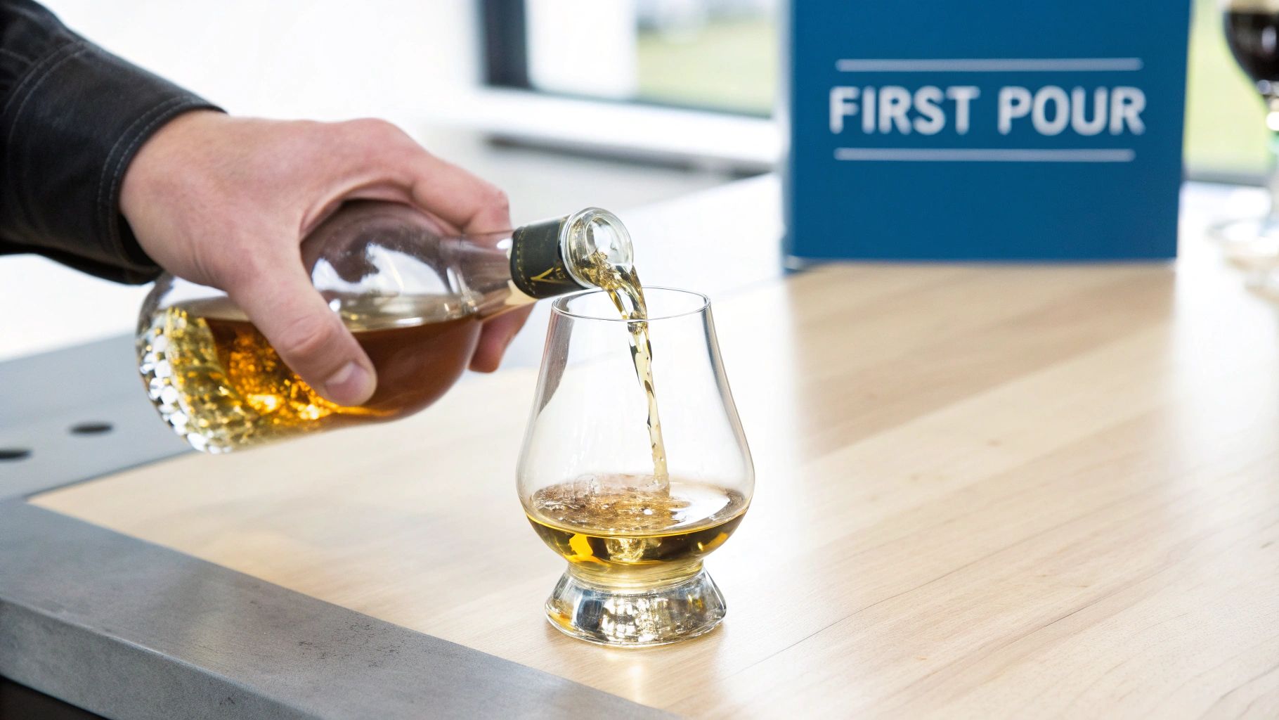 A person holding a glass of scotch whisky, ready for tasting.