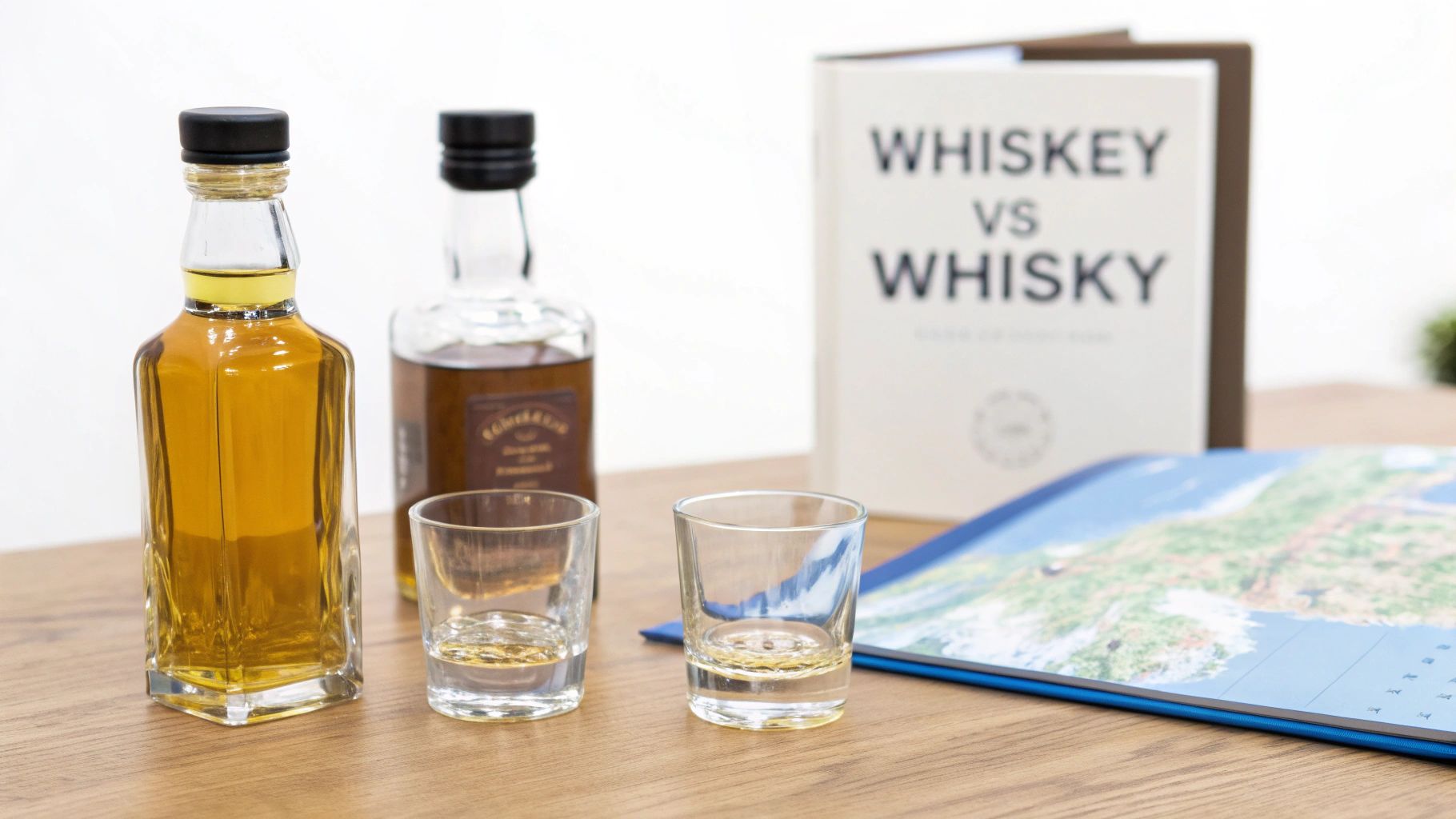 Two bottles of whiskey, two shot glasses, a book titled 'WHISKEY VS WHISKY', and a map.