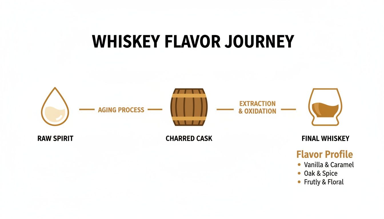 Infographic illustrating the whiskey flavor journey from raw spirit, aging in a charred cask, to final whiskey with flavor notes.