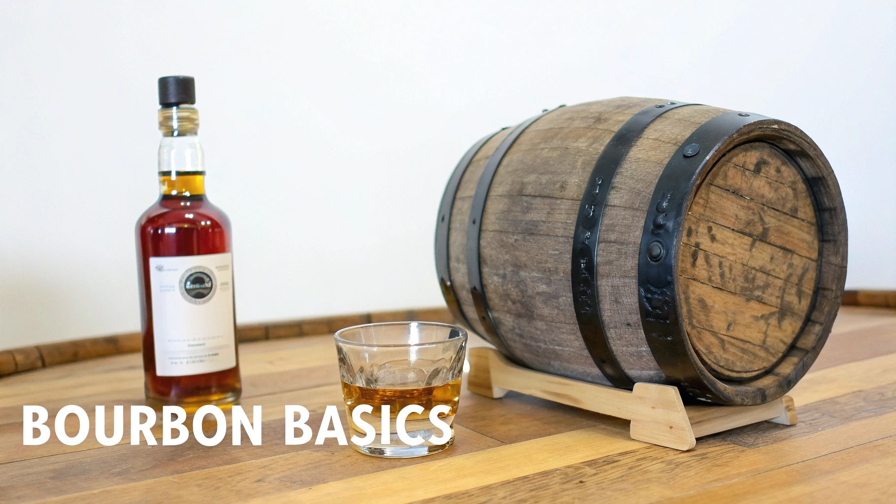 A glass of bourbon sitting on a wooden barrel in a rustic distillery setting.