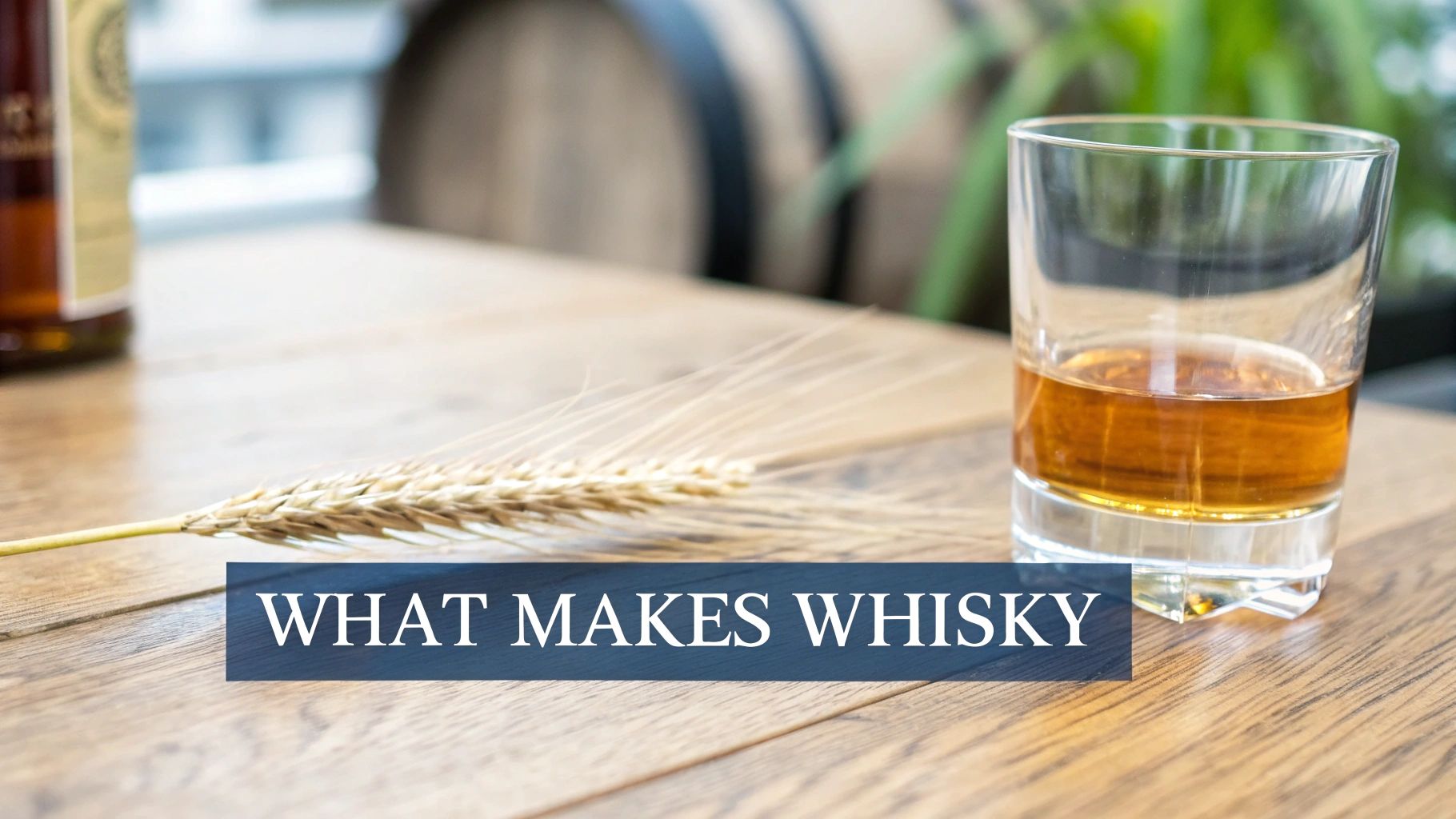 A glass of amber whisky, an ear of wheat, and a bottle on a wooden table with a barrel.