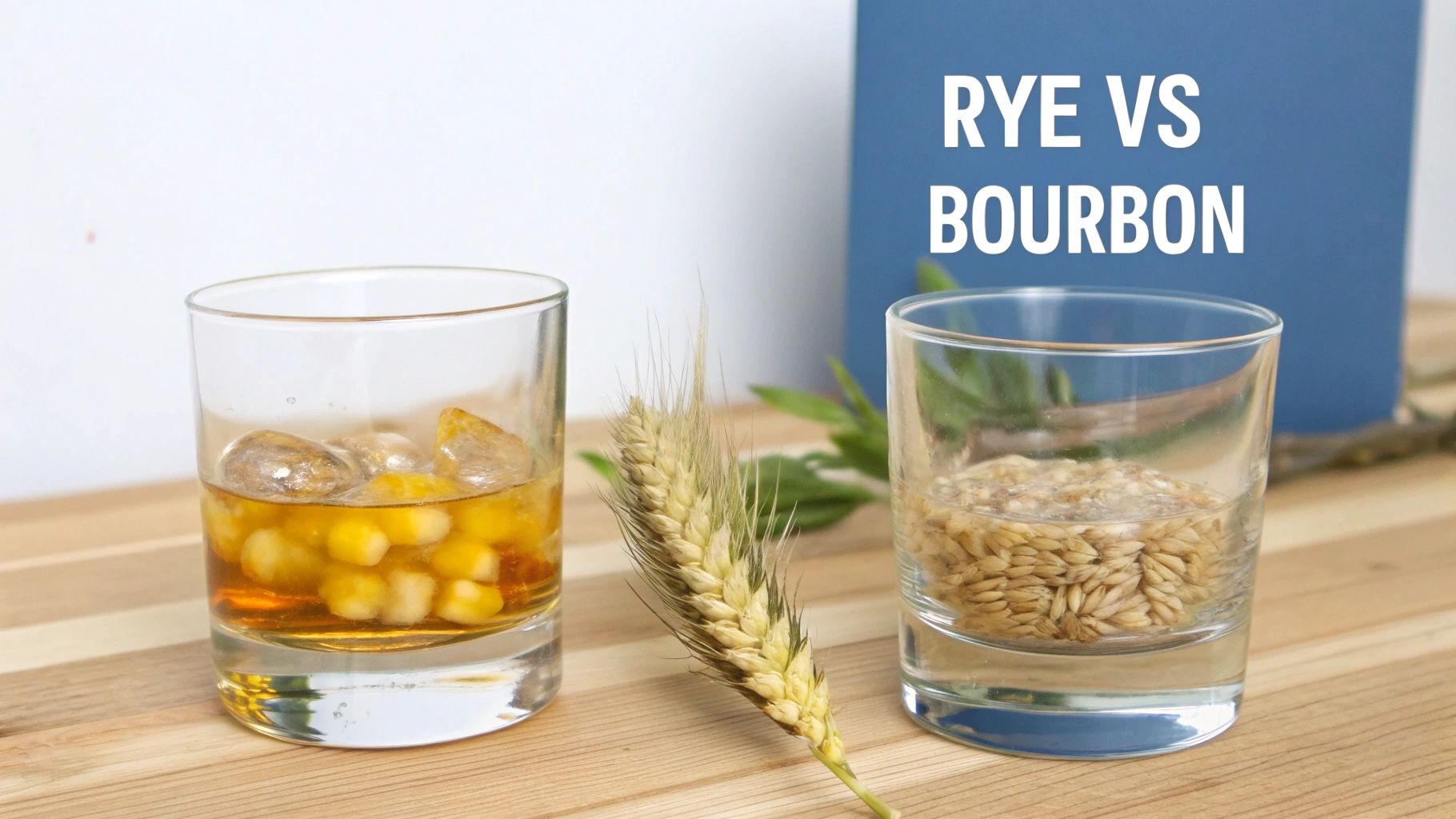 Glasses comparing bourbon (with corn) and rye whiskey (with rye grain) on a wooden table.