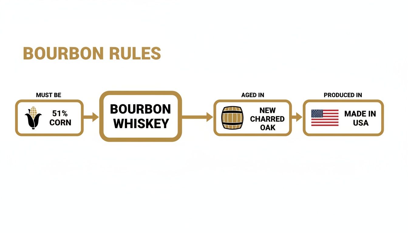 A flowchart outlining the essential rules for bourbon whiskey production, including 51% corn, aging in new charred oak, and production in the USA.