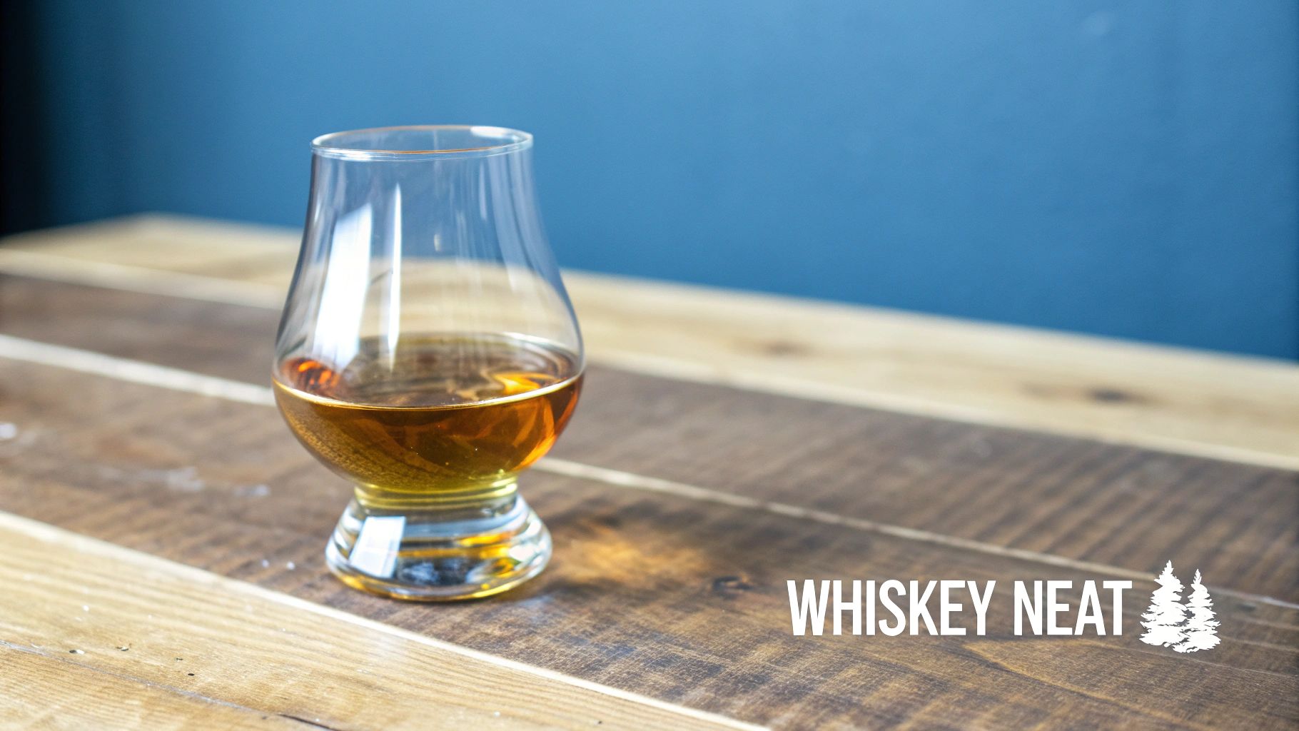 A glass of whiskey served neat in a Glencairn glass, highlighting its color and clarity.