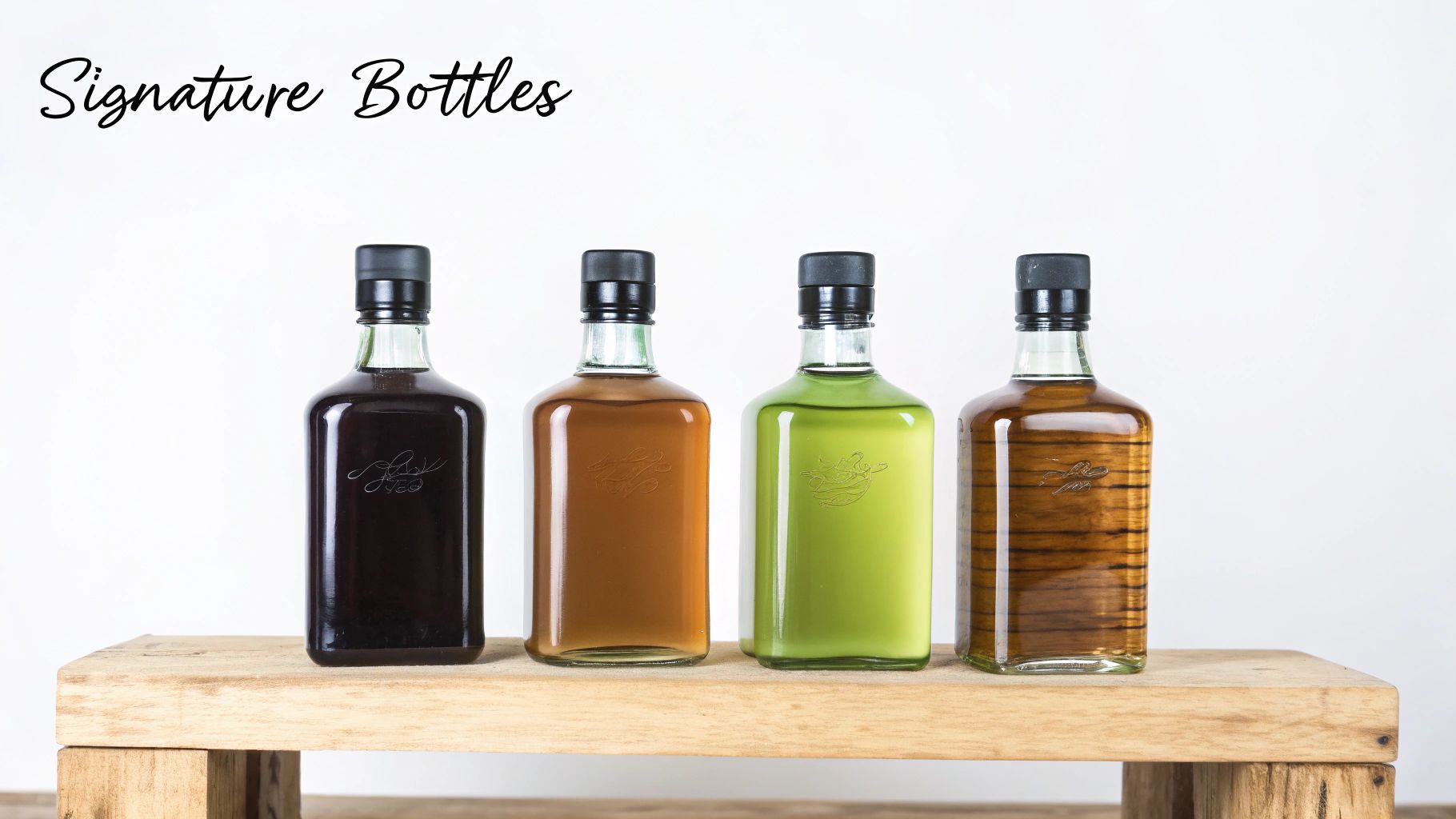 Several bottles of small batch bourbon arranged on a wooden surface