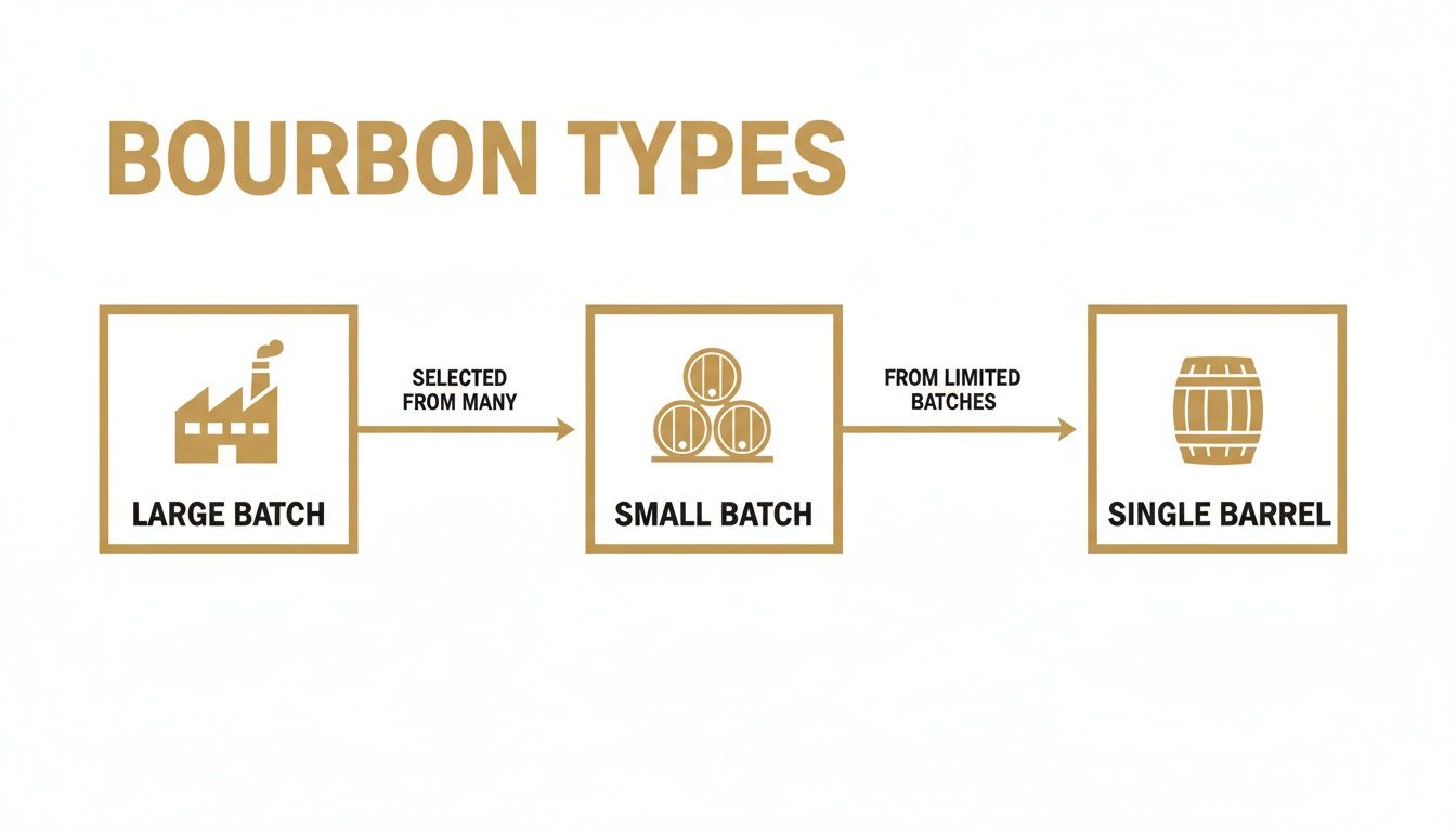 Flowchart illustrating bourbon types: large batch, small batch, and single barrel.