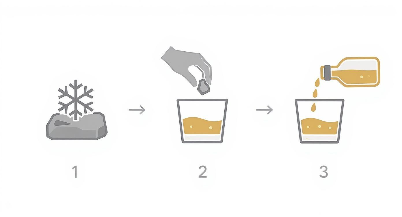 A three-step guide shows placing frozen whisky stones into a drink, then pouring more liquid.