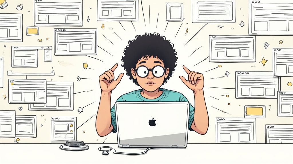A person sitting at a desk, looking overwhelmed by multiple glowing screens and floating icons representing emails, charts, and social media notifications.