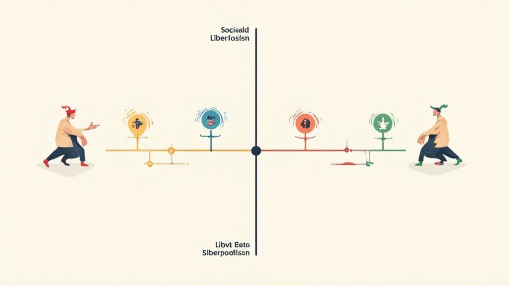 A political compass showing the spectrum from left to right and authoritarian to libertarian.