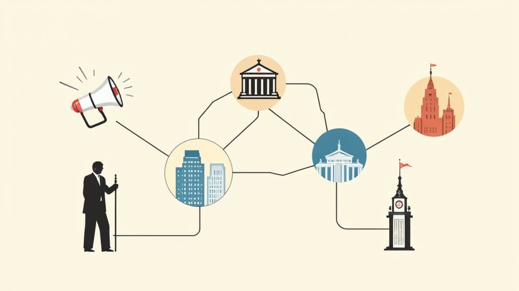 A stylized illustration of various government buildings like the White House, the Capitol, and the Supreme Court, representing different branches of power.