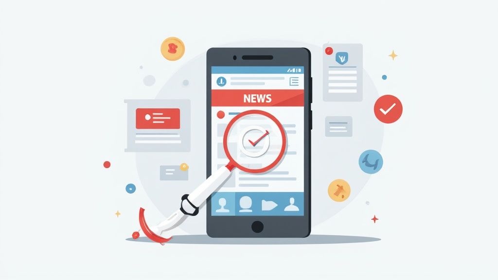 A person holding a smartphone displaying various news app icons, with a magnifying glass hovering over it, symbolizing critical media analysis.