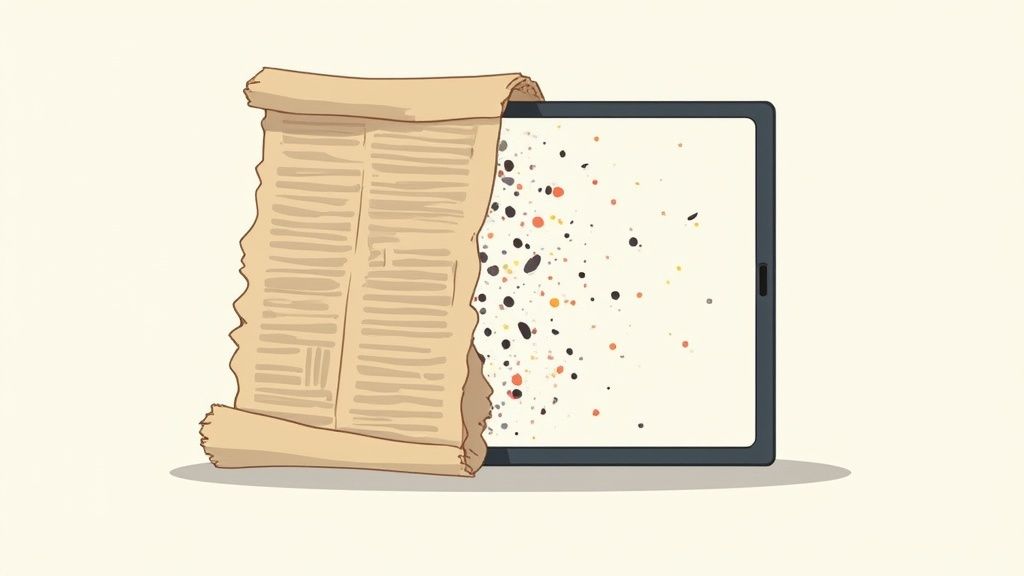 A historical printing press machine morphing into a modern laptop, symbolizing the evolution of satire.