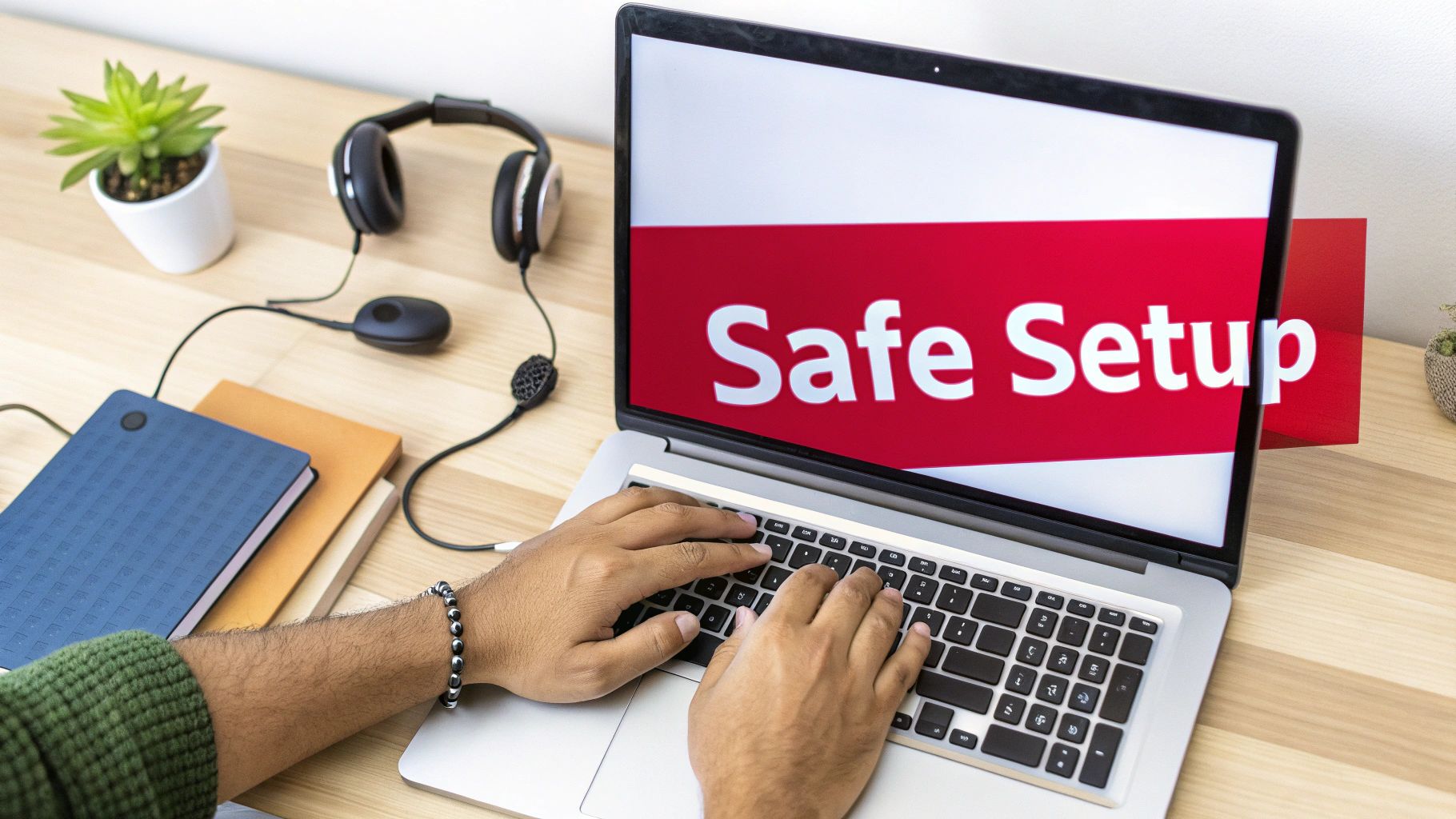 A person types on a silver laptop displaying 'Safe Setup' on a wooden desk with headphones.