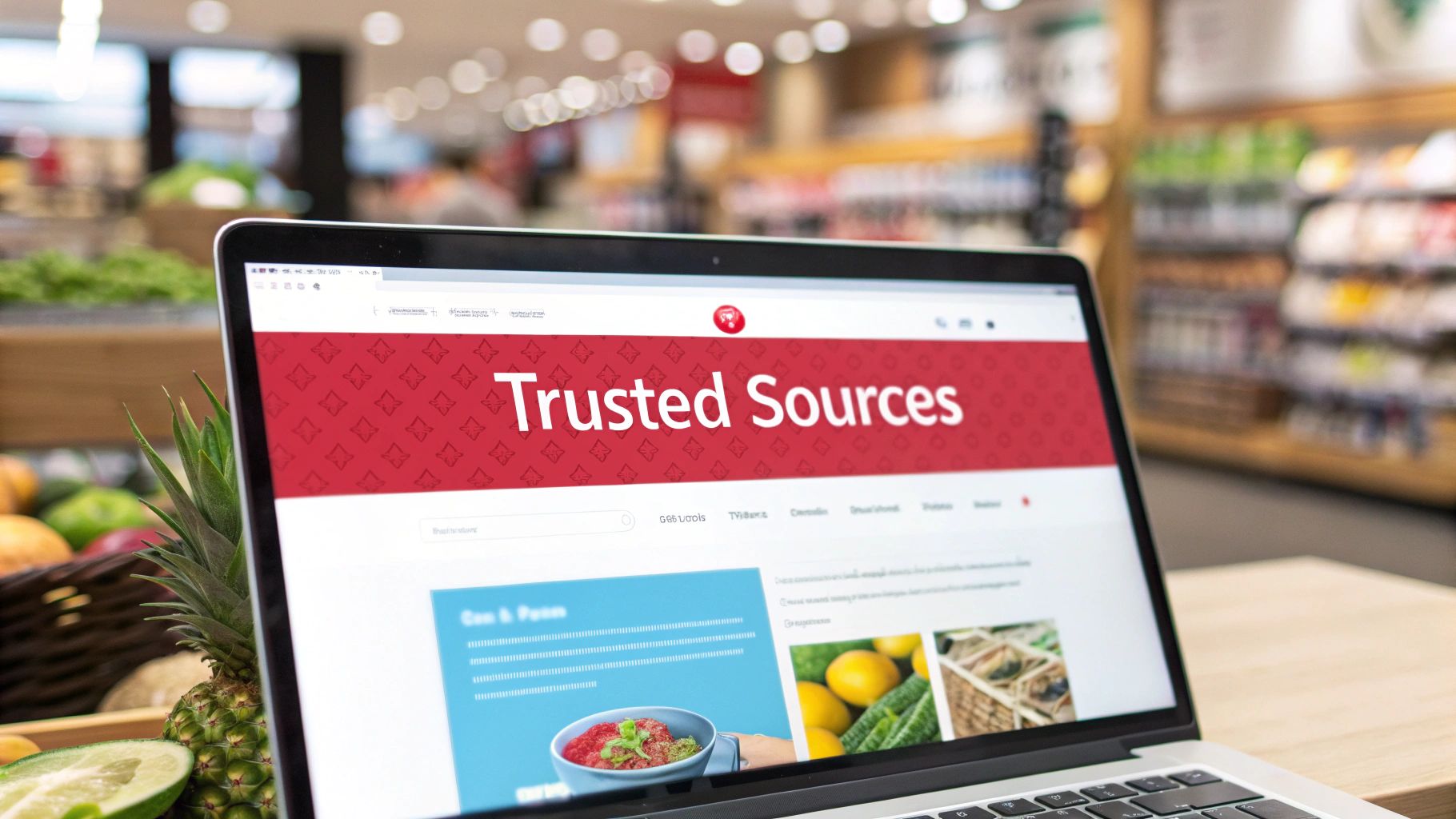 A laptop displaying 'Trusted Sources' website in a grocery store setting with fresh produce.