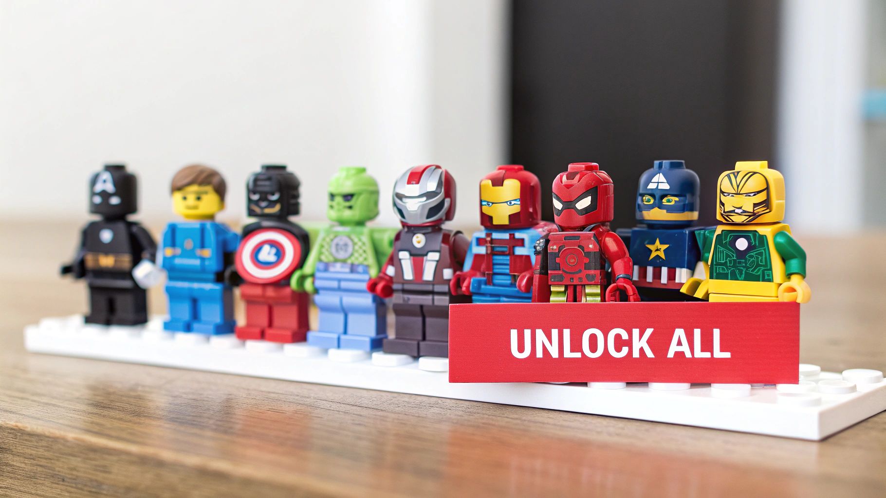 A diverse line-up of Lego Marvel Superheroes minifigures displayed with an 'UNLOCK ALL' sign.