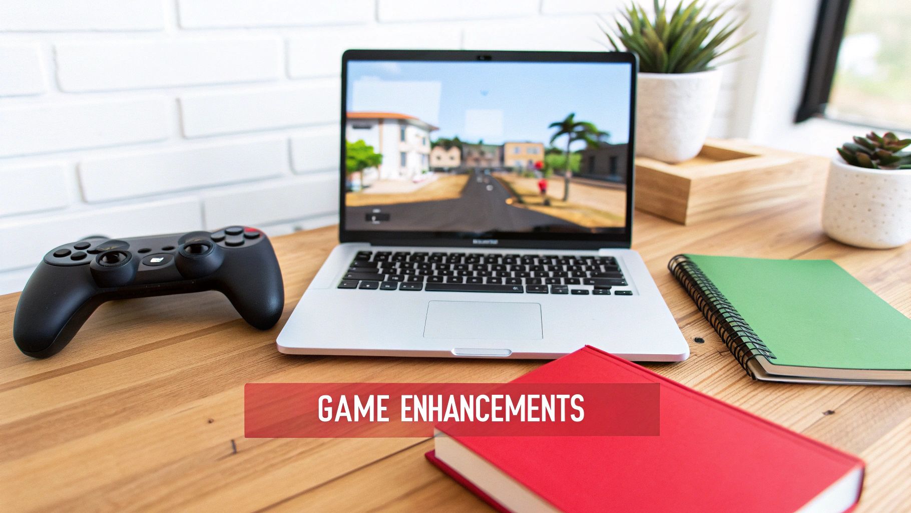 A laptop showing a video game, a black controller, and books on a wooden desk.