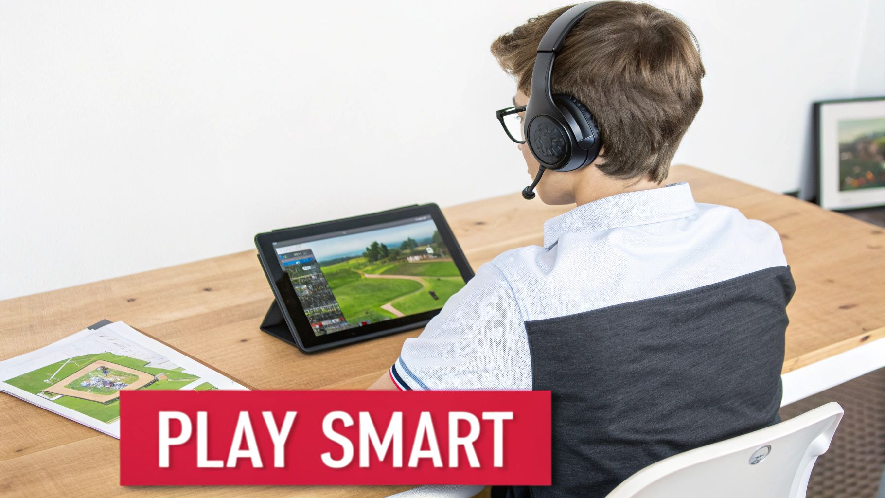 A young person wears headphones and glasses while playing a golf game on a tablet, sitting at a desk.