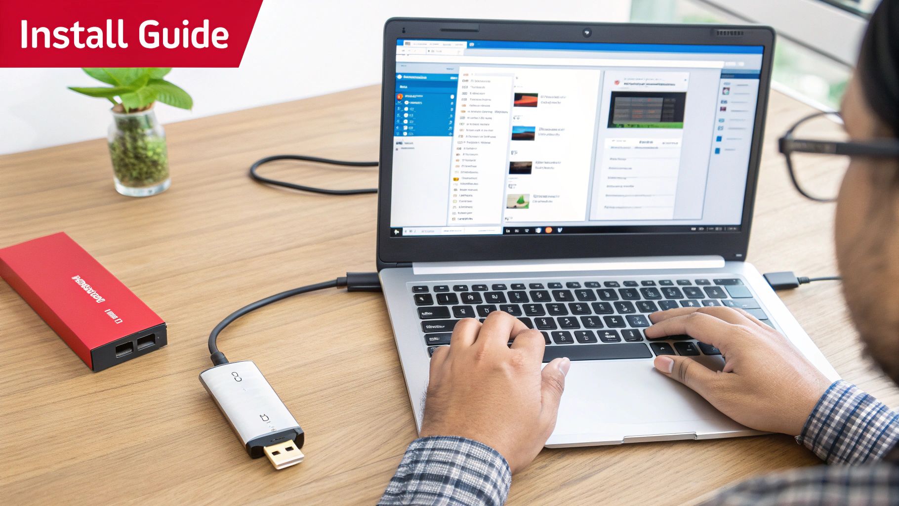 A person is typing on a laptop, using a white USB adapter connected to a red external drive, with an 'Install Guide' label.