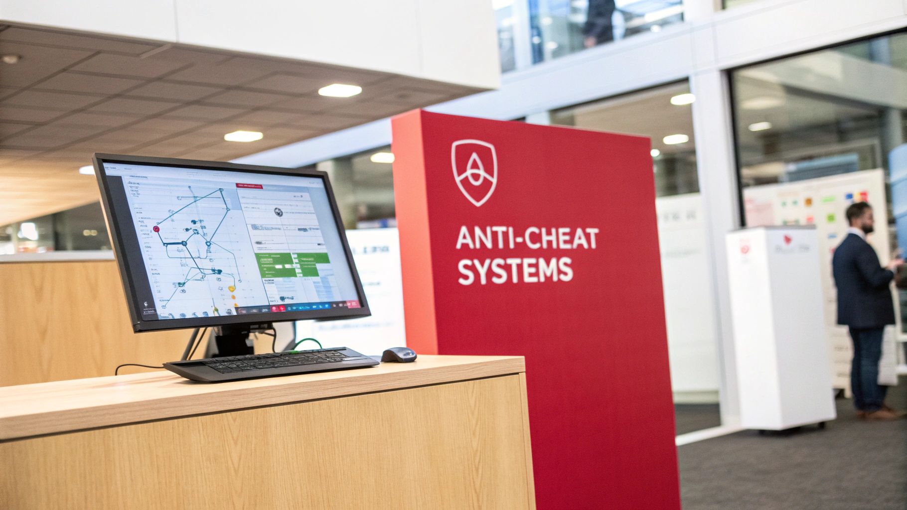 A computer display showing a network diagram next to a red 'Anti-Cheat Systems' sign at an event.
