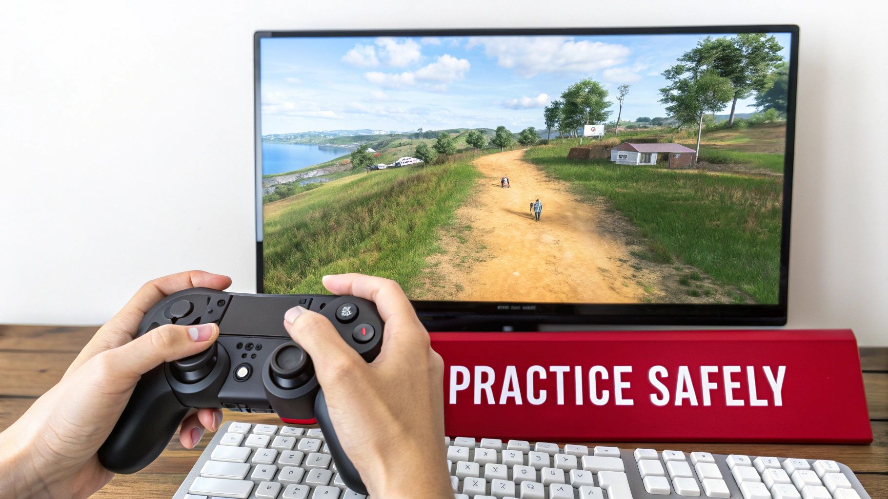 Close-up of hands holding a black video game controller, playing a landscape game on a monitor, with a 'PRACTICE SAFELY' sign below.