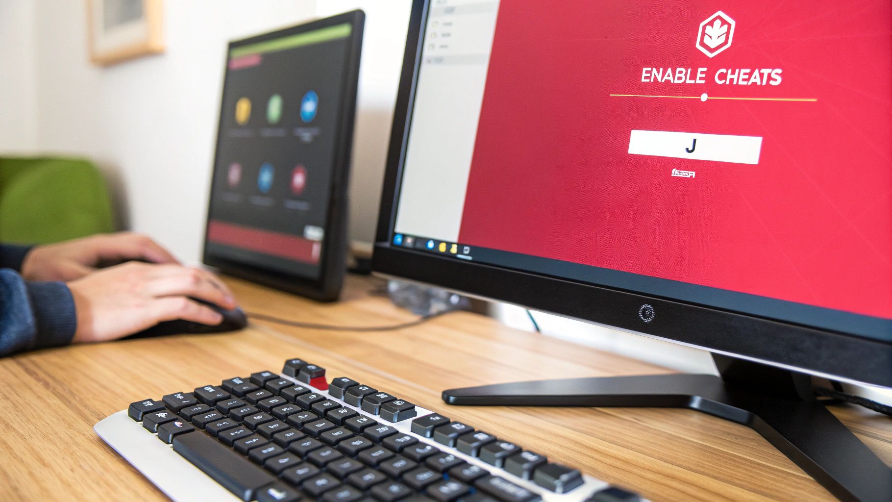 A person uses a mouse at a desk, with a computer monitor showing 'ENABLE CHEATS' on a red screen.