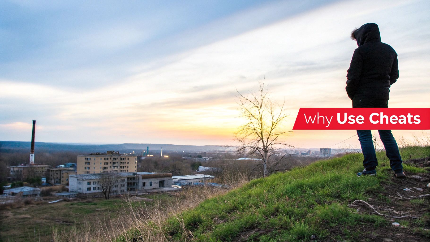 A hooded figure stands on a grassy hill, gazing at an industrial scene under a colorful sunset sky.