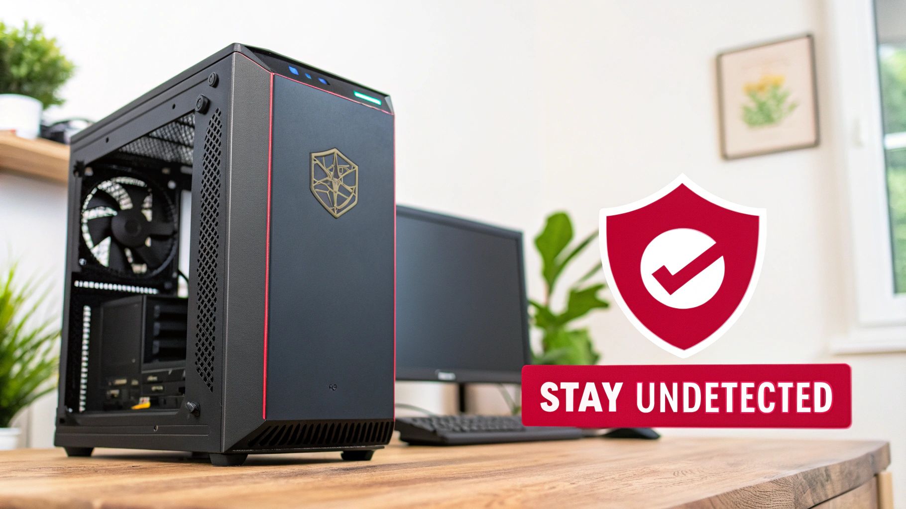 A black computer tower with a gold emblem next to a monitor, with a red shield icon and a banner saying 'STAY UNDETECTED'.