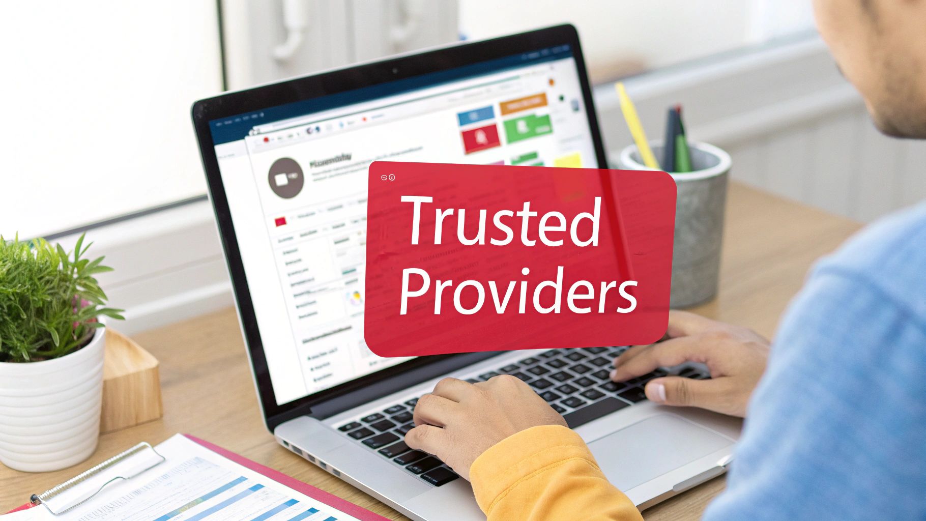 A person types on a laptop showing a 'Trusted Providers' graphic and a business website interface.